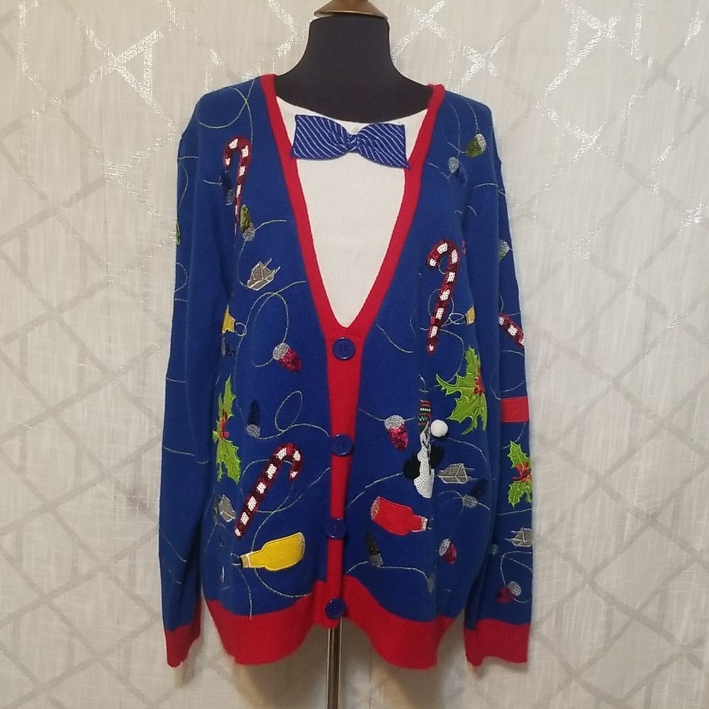 Vintage Jolly Sweater Blue Ugly Christmas Holiday XL Winter Festive Cheers